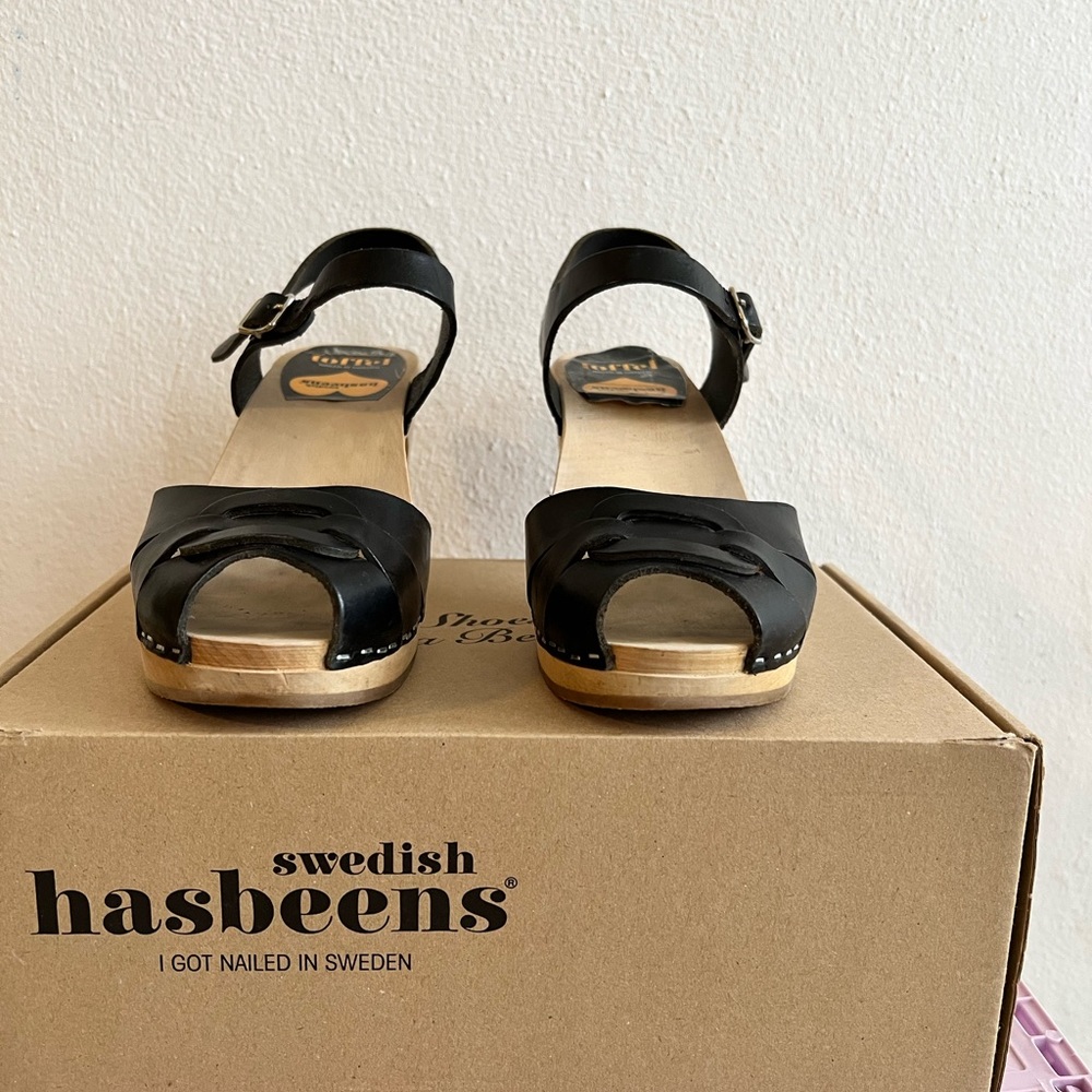 Swedish hasbeens peep toe super high- Black/Nature sole size 39 8 US